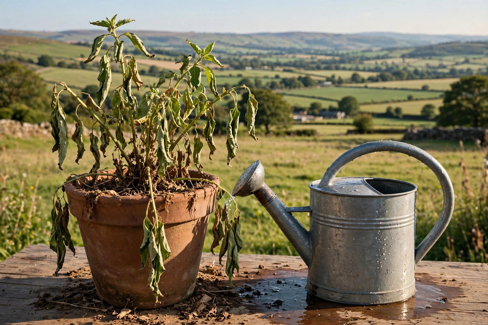 A wilted potted plant on a balcony next to a watering can, illustrating common beginner mistakes