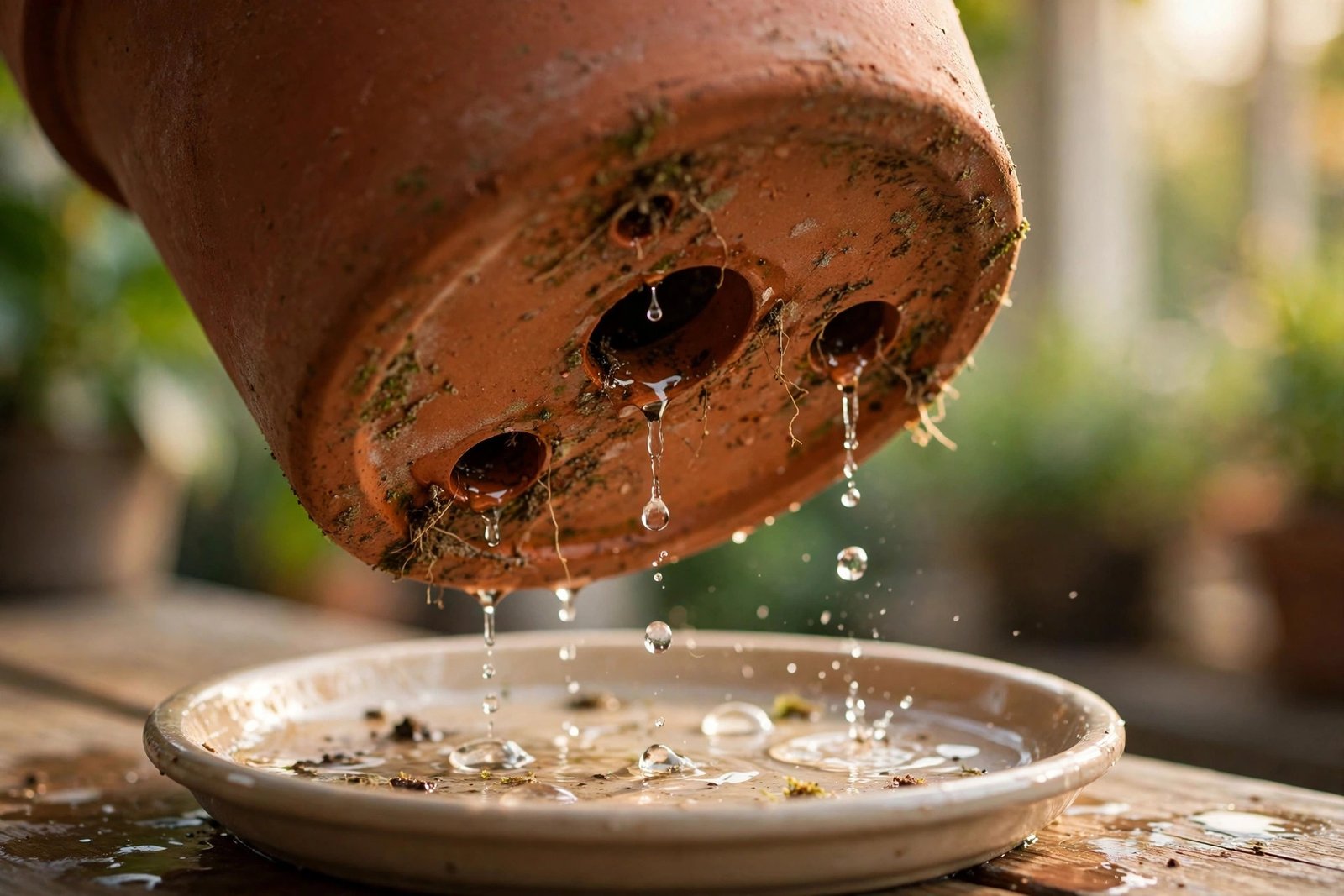 The underside of a terracotta pot showing drainage holes with water dripping into a saucer.
