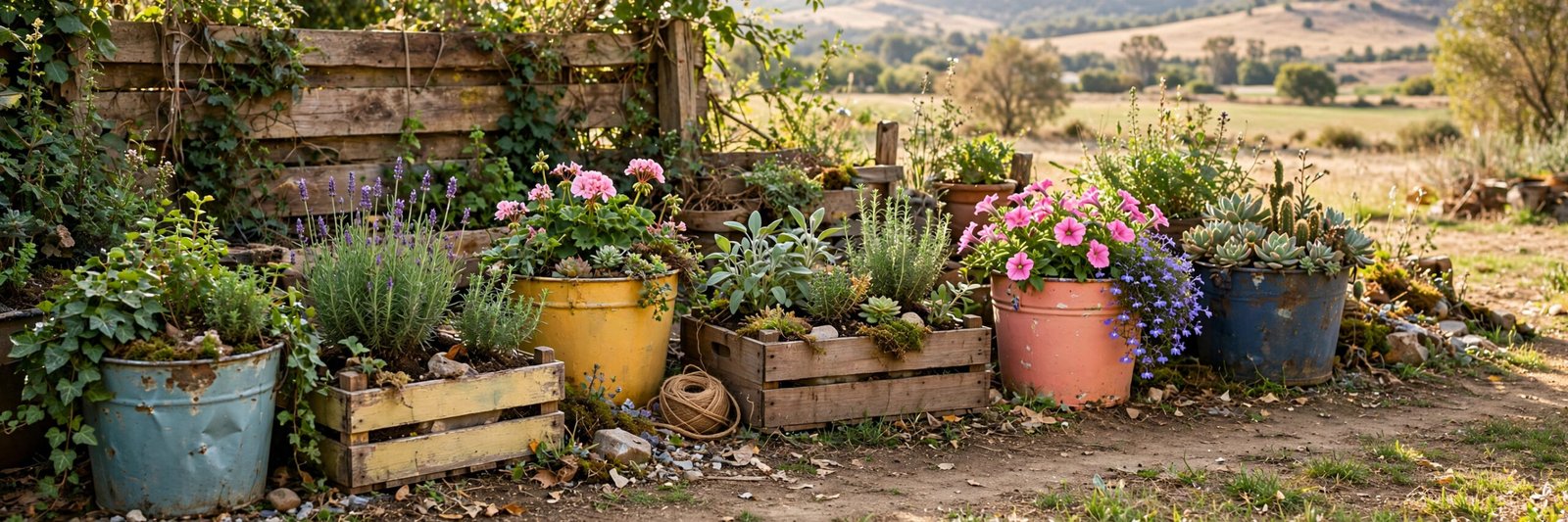 A collection of affordable planters including terracotta pots, plastic pots and a repurposed crate on a small balcony