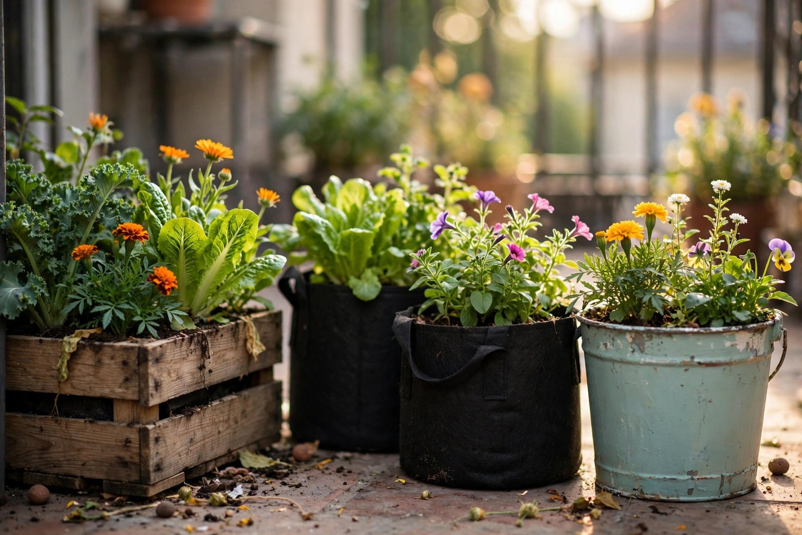 A wooden crate planter, fabric grow bags and a painted recycled bucket planted with greens and flowers.