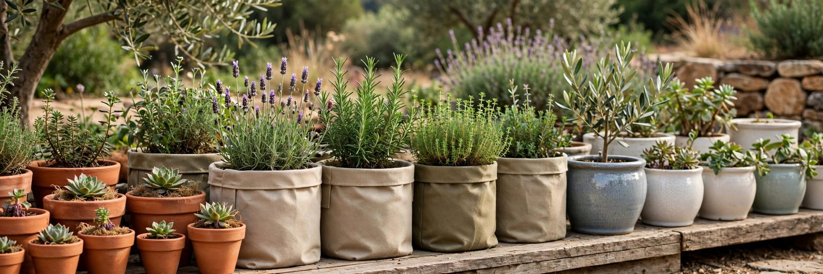 An assortment of terracotta, plastic and fabric plant pots arranged on a balcony