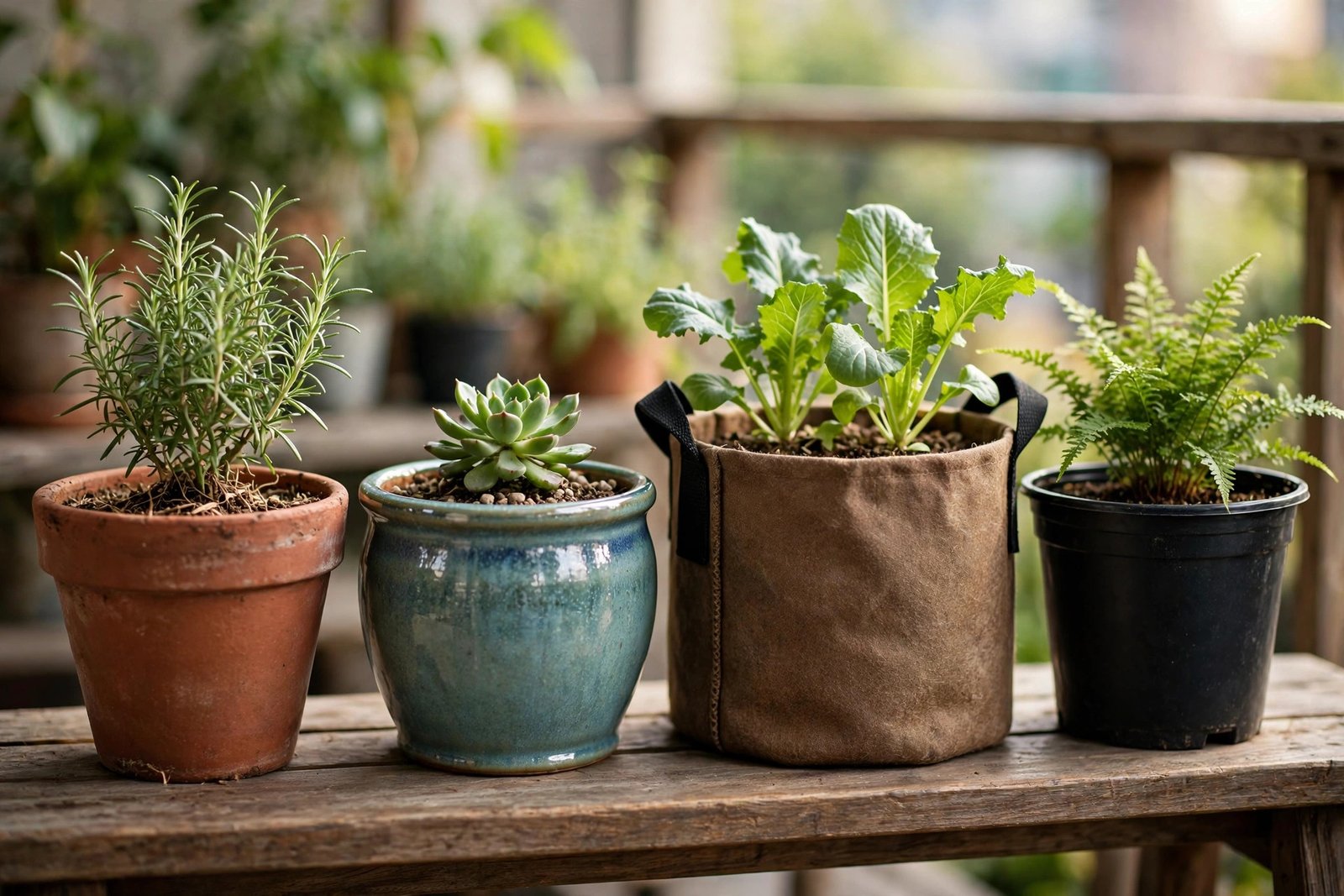 Terracotta, glazed ceramic, fabric grow bag and plastic pots lined up on a wooden bench.