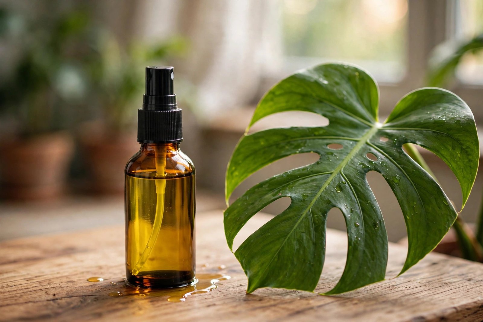 A small amber spray bottle of homemade neem oil remedy beside a healthy monstera leaf indoors.