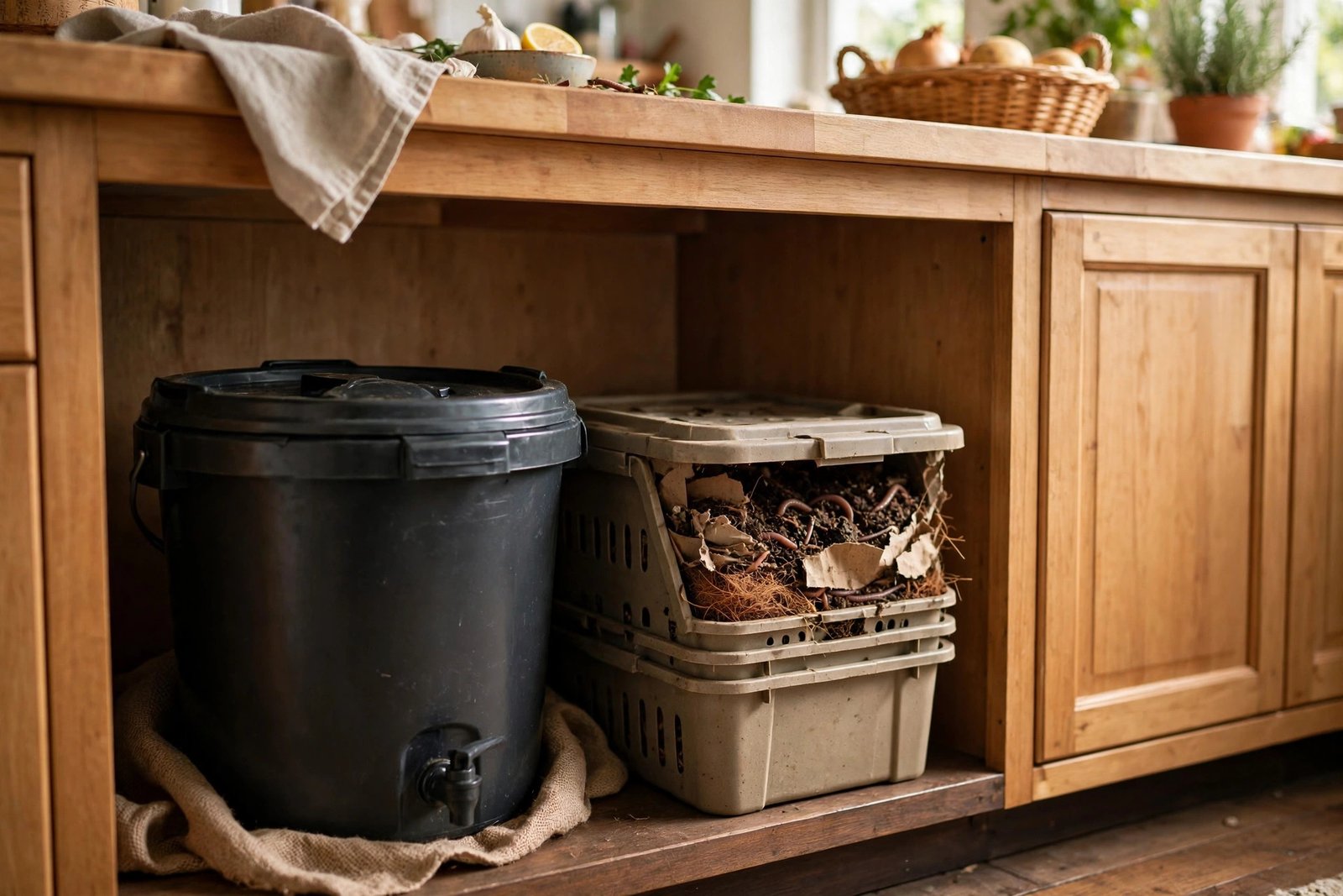 A bokashi composting bucket and a small stacked worm bin tucked beside potted plants on a balcony
