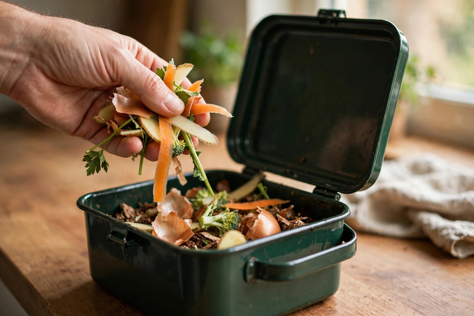 Hands adding vegetable scraps to a bokashi bucket with a layer of bran