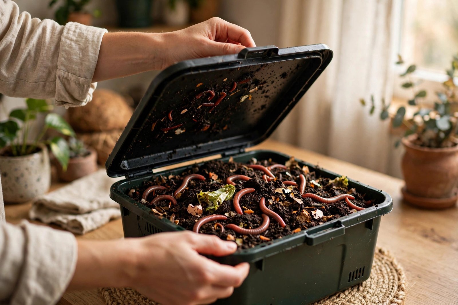 An open indoor worm bin showing dark compost with red wiggler worms.