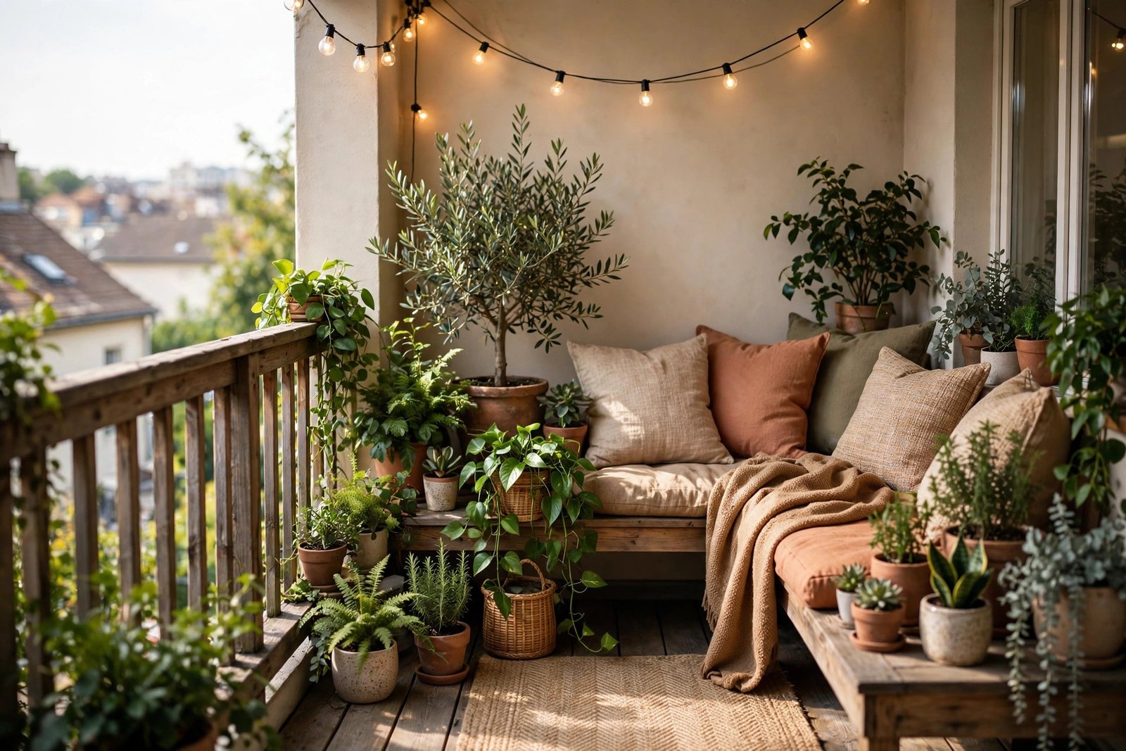 Cozy small balcony garden corner at dusk with string lights, thrifted pots of herbs, and a cushioned chair