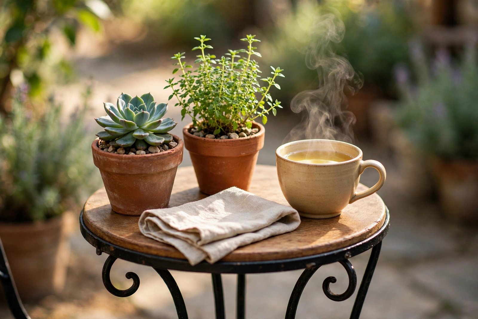 Collection of mismatched thrifted terracotta and ceramic pots planted with herbs on a small balcony