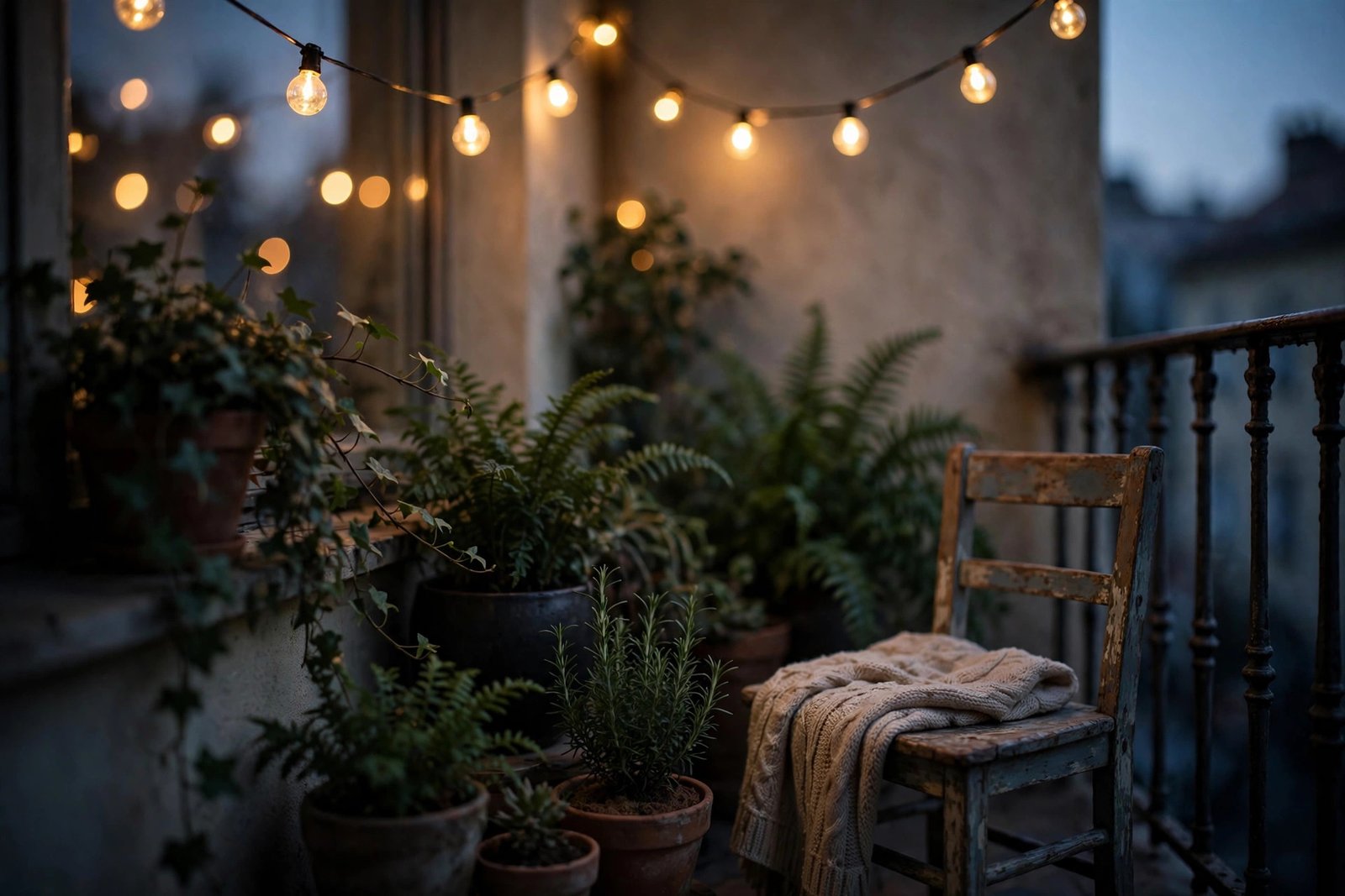A small balcony corner at dusk with warm solar string lights glowing over potted plants and a thrifted chair.