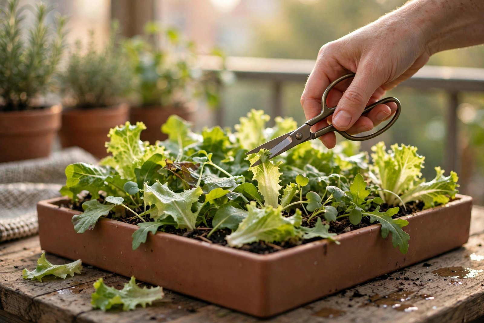 A hand snipping outer lettuce leaves with scissors from a wide container of salad greens.