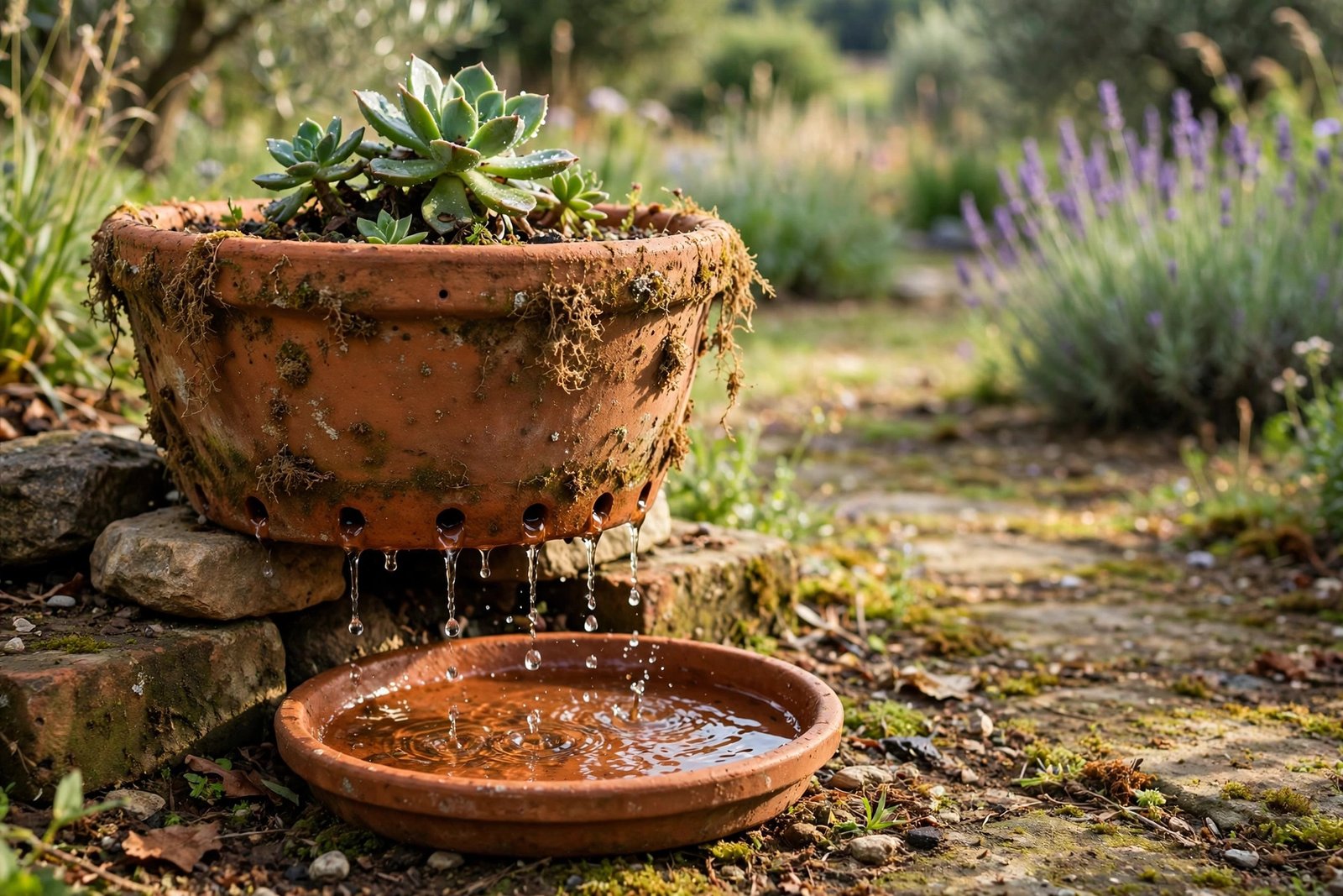 Terracotta plant pot with drainage holes on a balcony, water dripping into a saucer