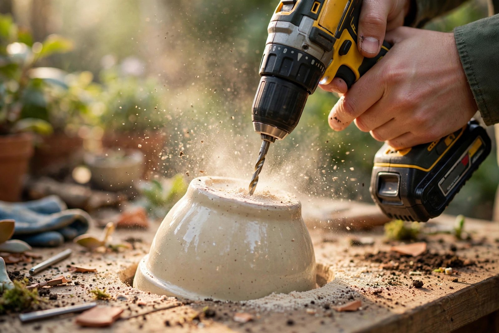 Hands drilling a drainage hole in the bottom of an upturned ceramic pot.