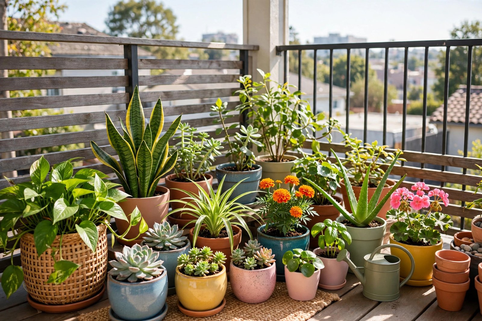 A colourful balcony railing lined with pots of herbs, cherry tomatoes, lettuce and strawberries