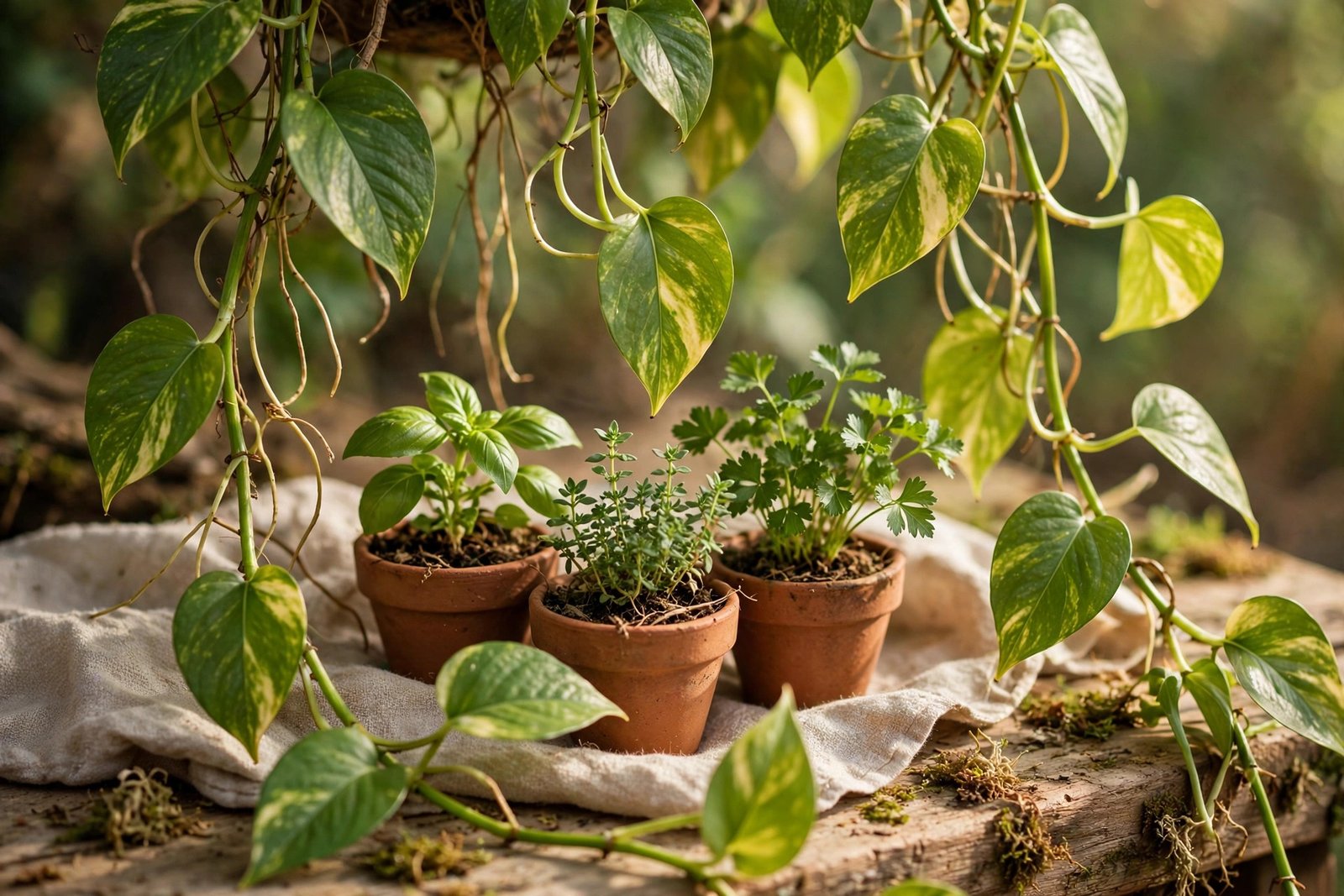 A row of young herb seedlings in small terracotta pots on a sunny balcony table