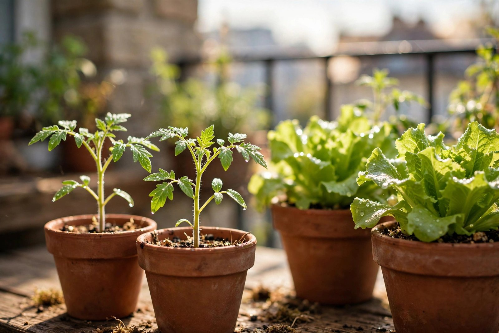 Young cherry tomato seedlings and lettuce growing in terracotta pots on a sunny balcony.