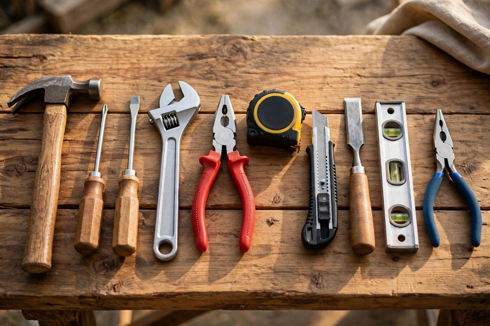 Essential beginner gardening tools arranged on a wooden table: hand trowel, pruners, watering can, gloves, and plant ties