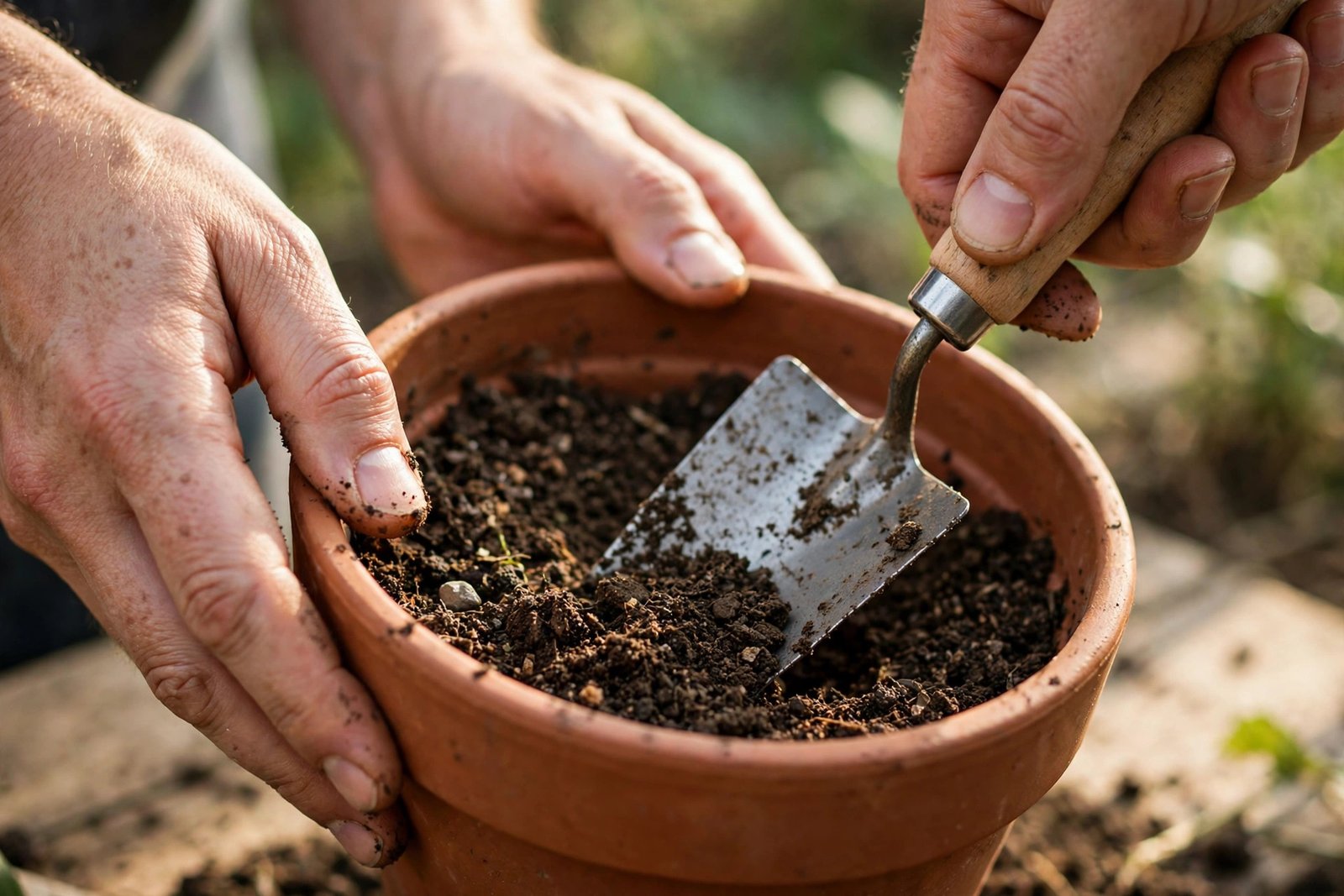Close-up of a hand using a sturdy metal hand trowel to scoop potting soil into a terracotta pot