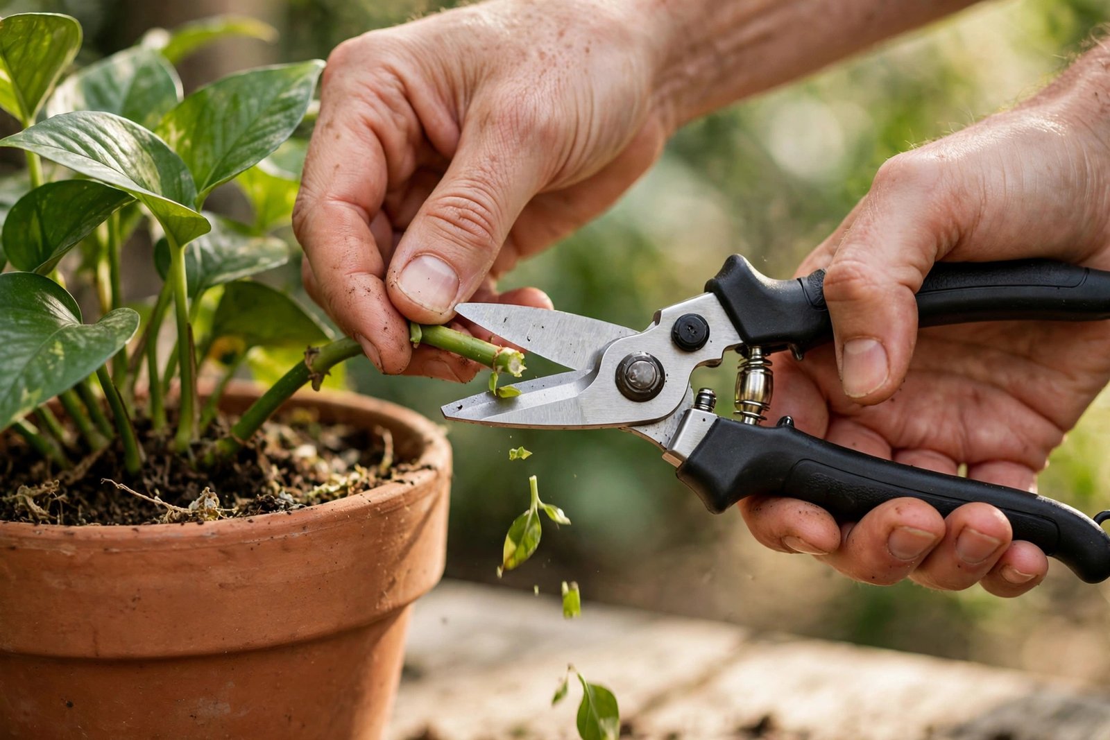 Sharp bypass pruners trimming a stem on a potted houseplant.