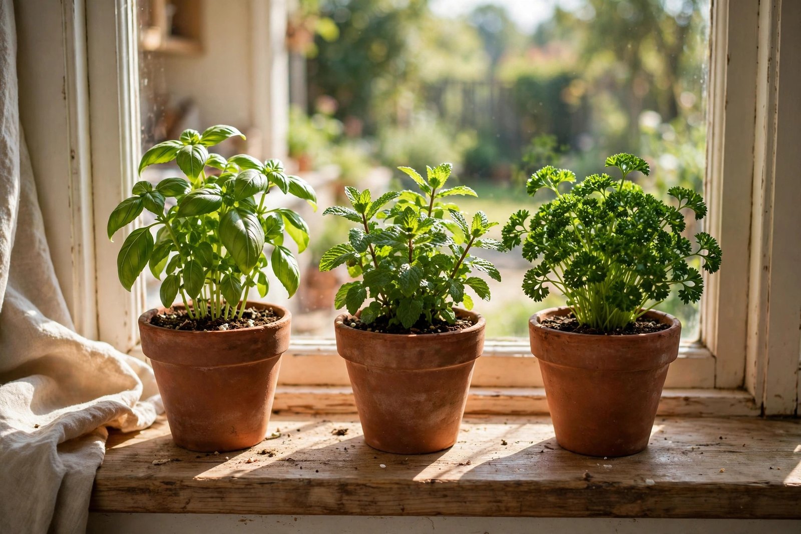 Small pots of basil, mint, and parsley growing on a sunny kitchen windowsill