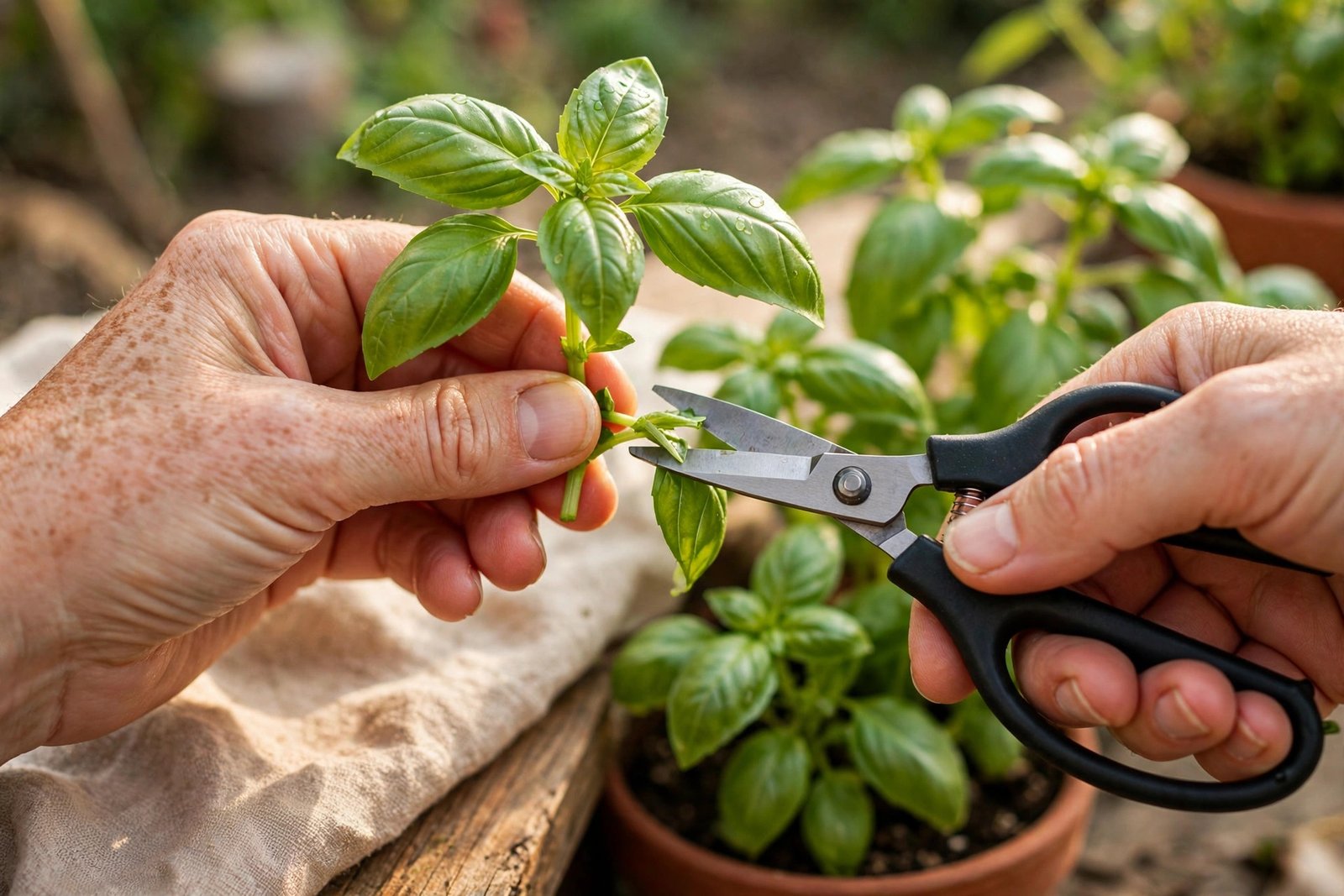 Hand pinching the growing tip of a basil plant to encourage bushy growth
