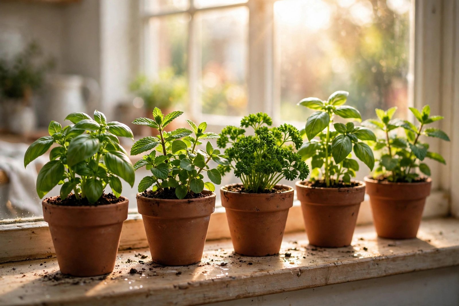 Small terracotta pots of basil, mint and parsley lined up on a sunlit kitchen windowsill.