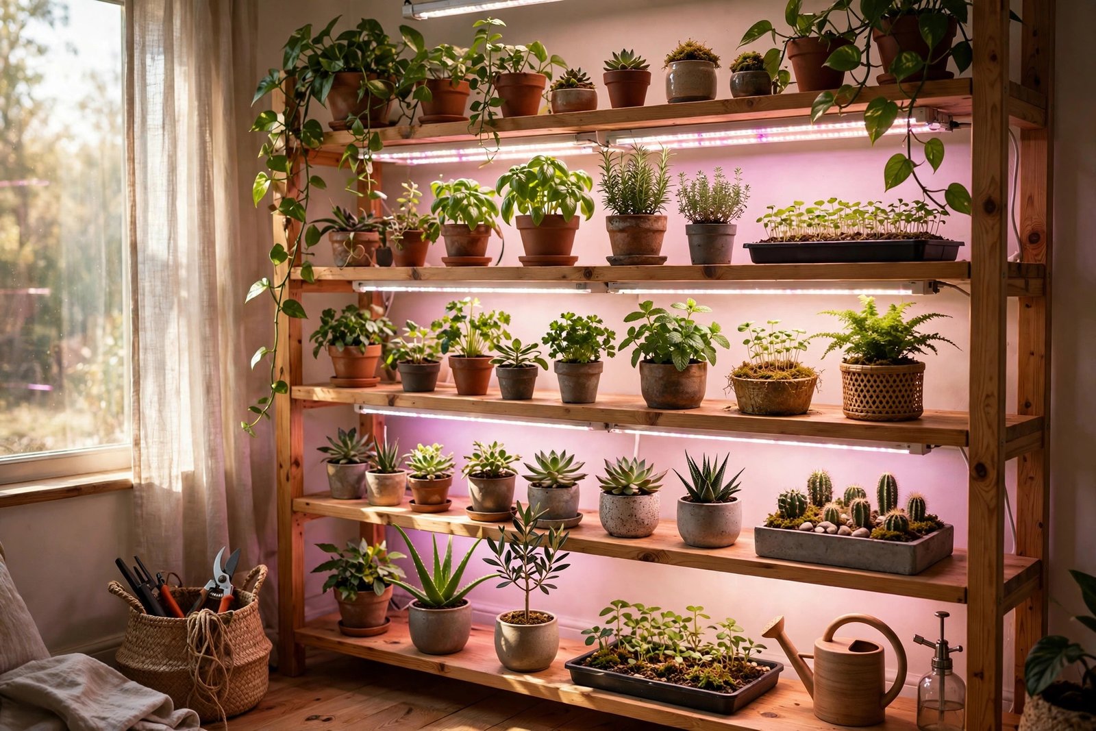 A small indoor herb garden under a full-spectrum LED grow light on a winter windowsill