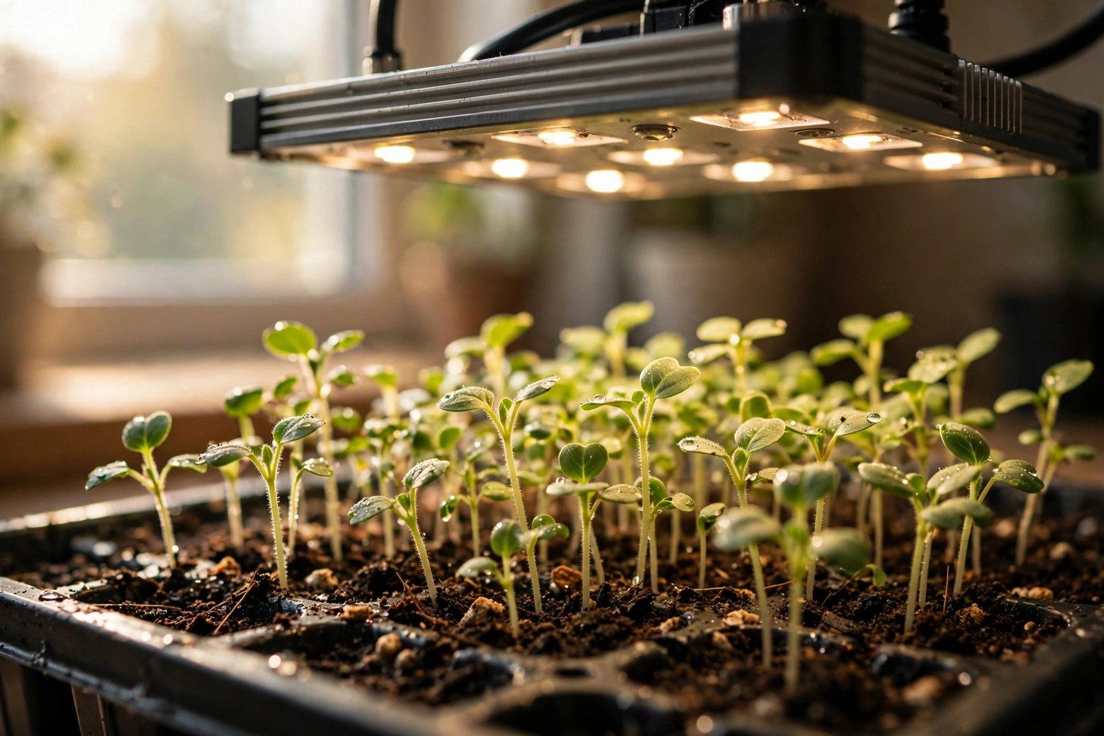 Close-up of a clamp-style grow light shining over potted basil and thyme