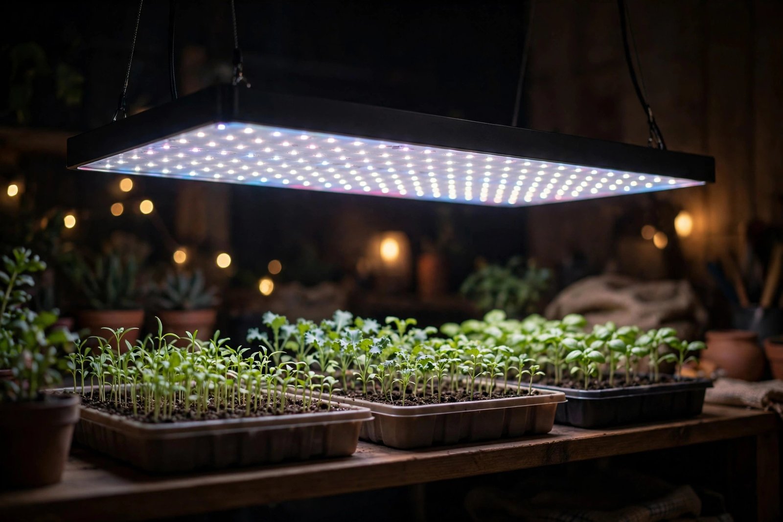 A full-spectrum LED grow light panel glowing over trays of young seedlings in a dark room.