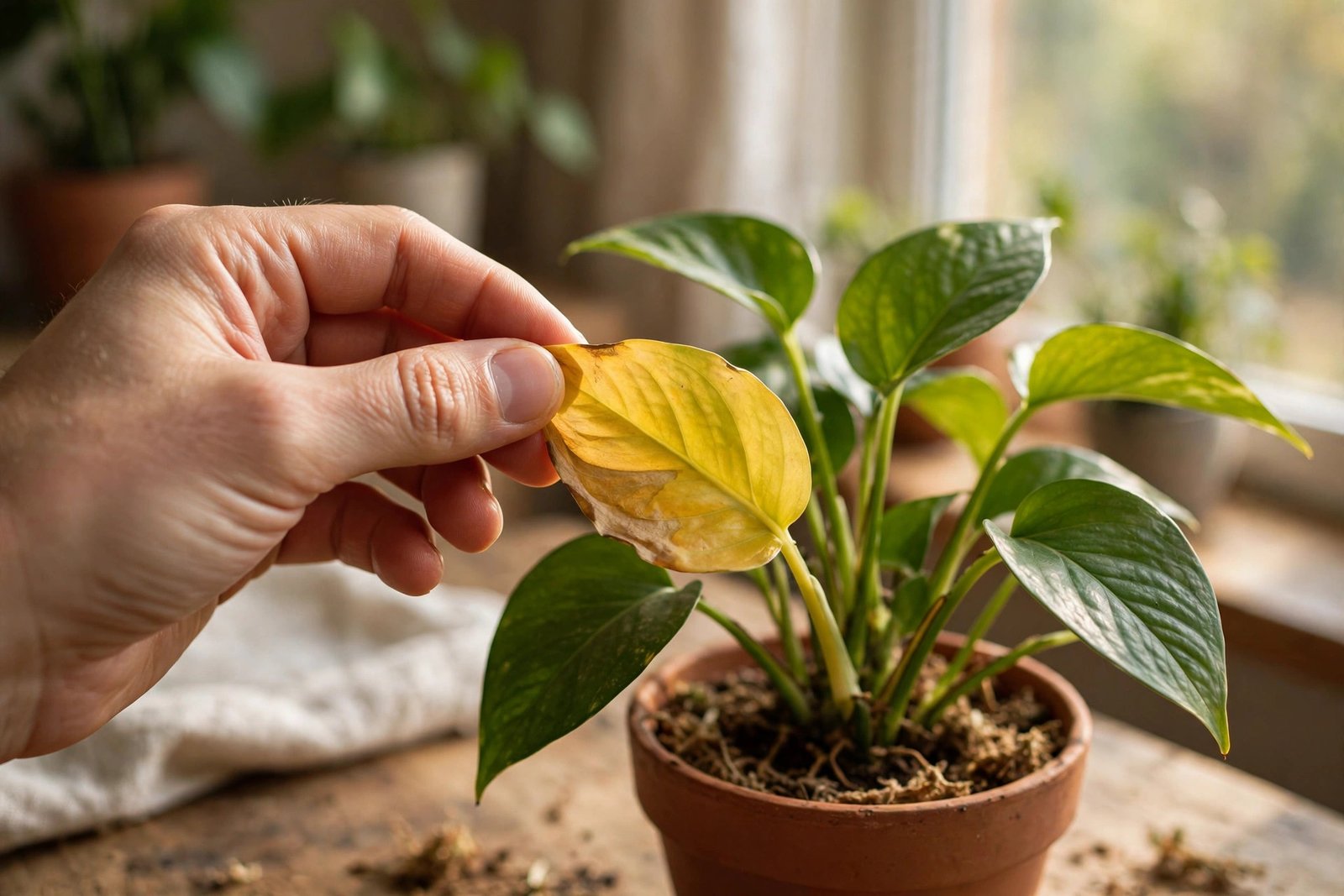 Houseplant with yellowing leaves being inspected by hand in bright indoor light