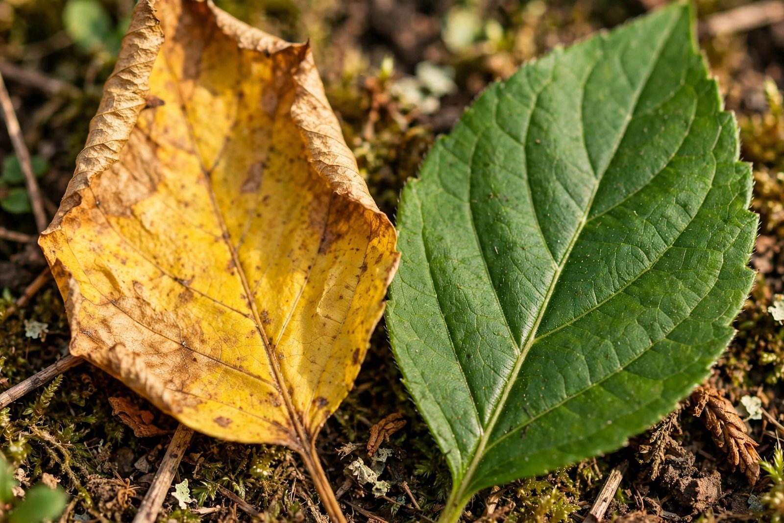 Comparison of healthy green leaf and yellow leaf showing signs of overwatering damage