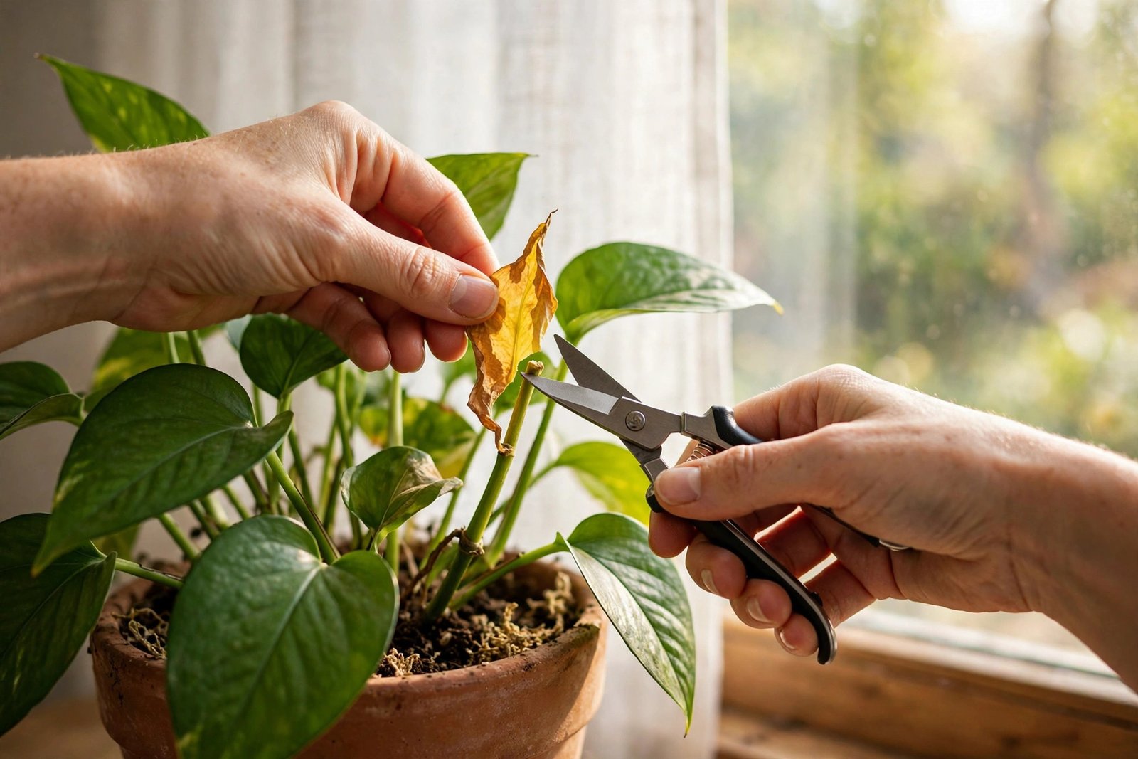 Hands snipping a yellow leaf off a houseplant with pruning scissors near a bright window.
