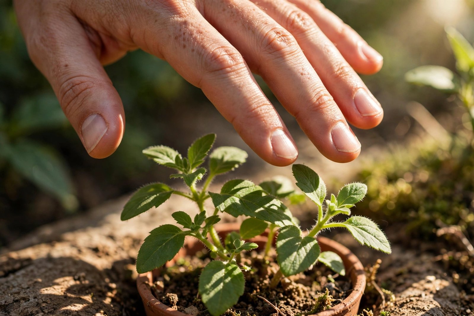 A hand holding a smartphone light meter app next to potted plants on a sunny balcony