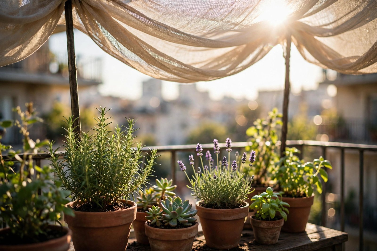 Potted balcony plants under a light shade cloth in strong afternoon sun.