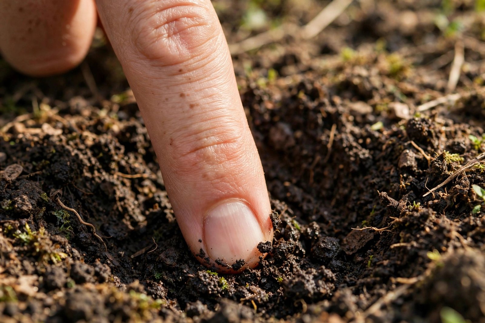Finger pressed into potting soil testing moisture level before watering a houseplant