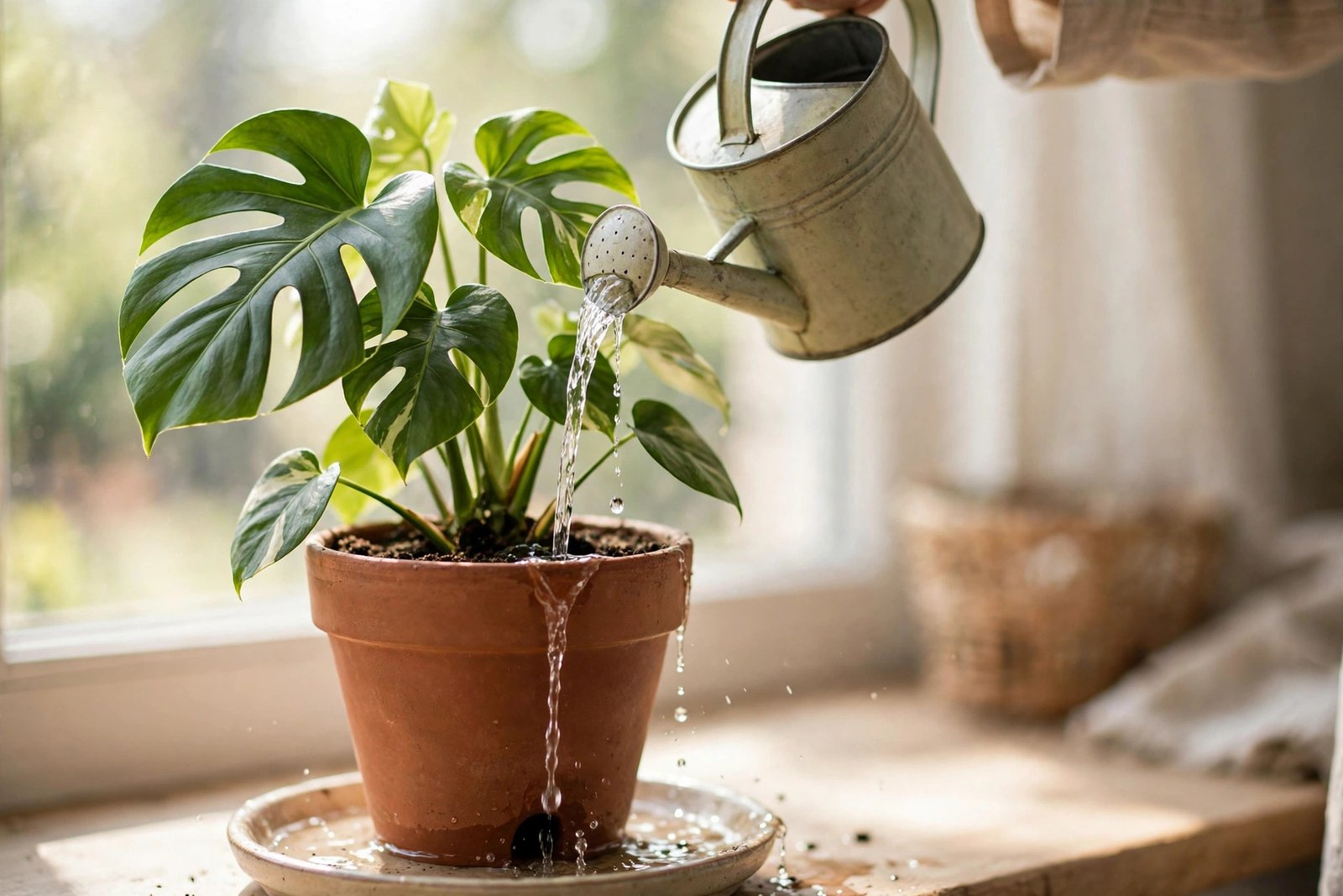 Water being poured into a potted monstera until excess drains into the saucer below.