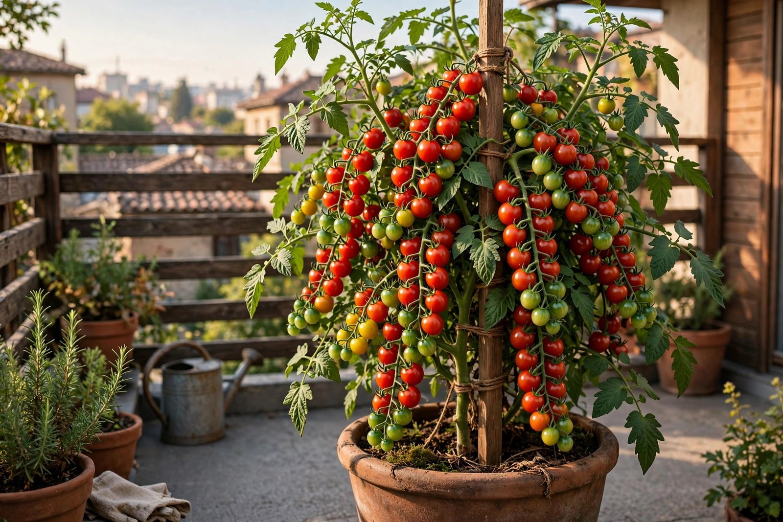 Ripe cherry tomatoes growing in a large terracotta pot on a sunny apartment balcony