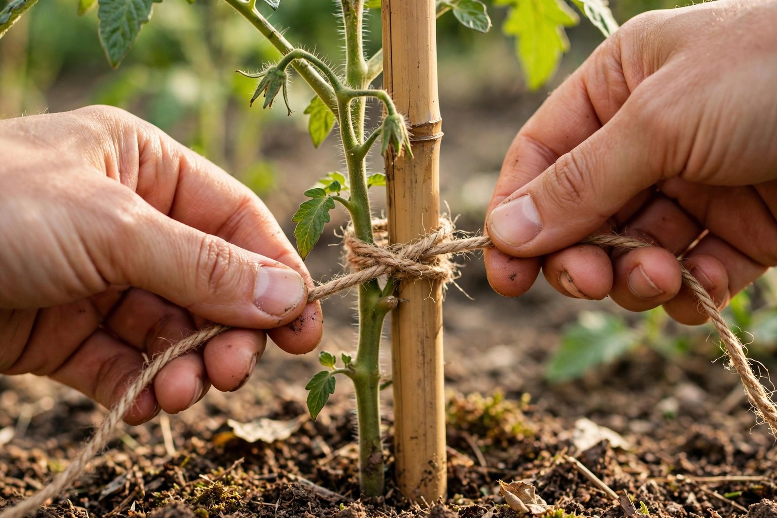 Hands tying a tomato stem to a bamboo cane with soft garden twine