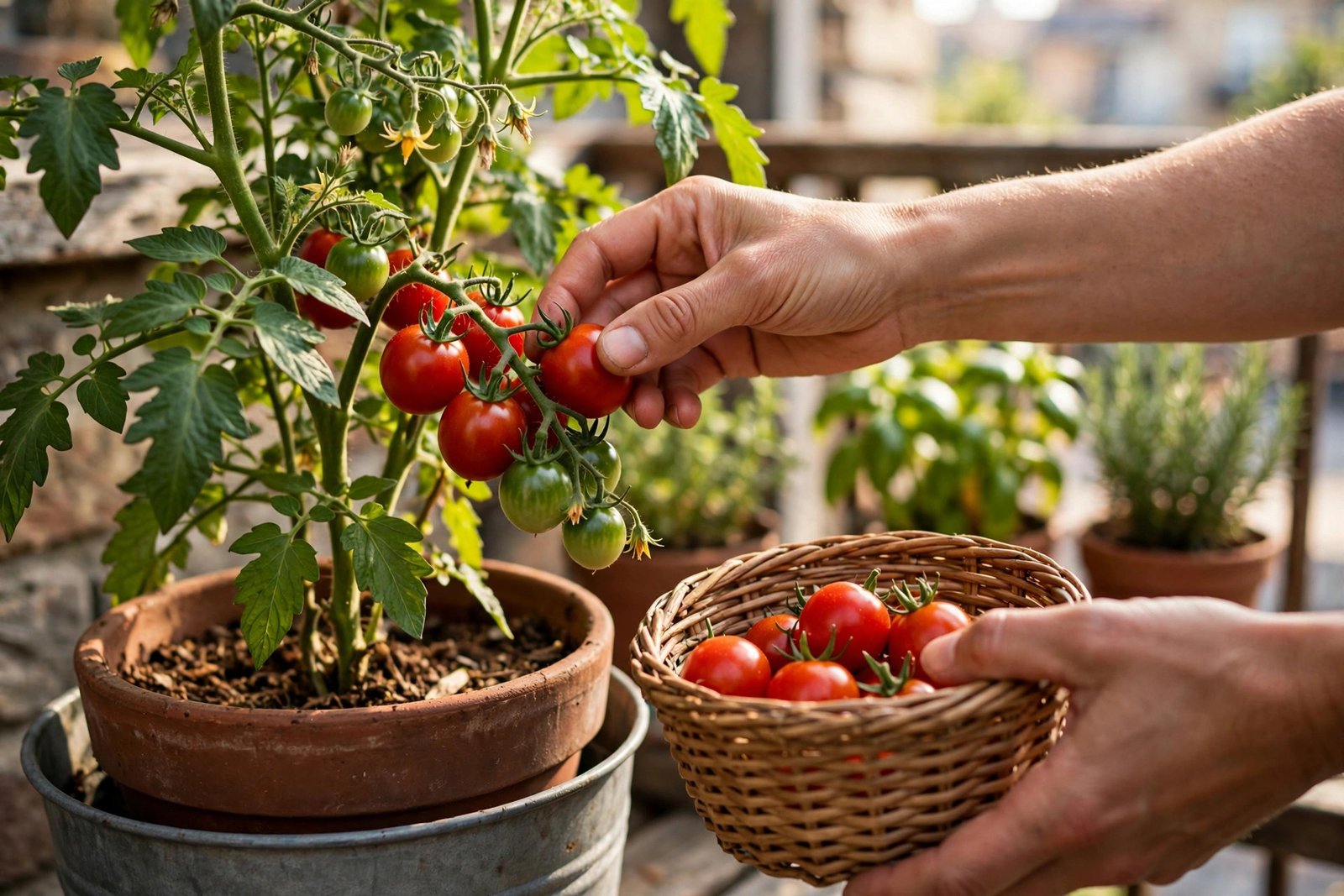Hands harvesting ripe cherry tomatoes from a container plant into a small woven basket.