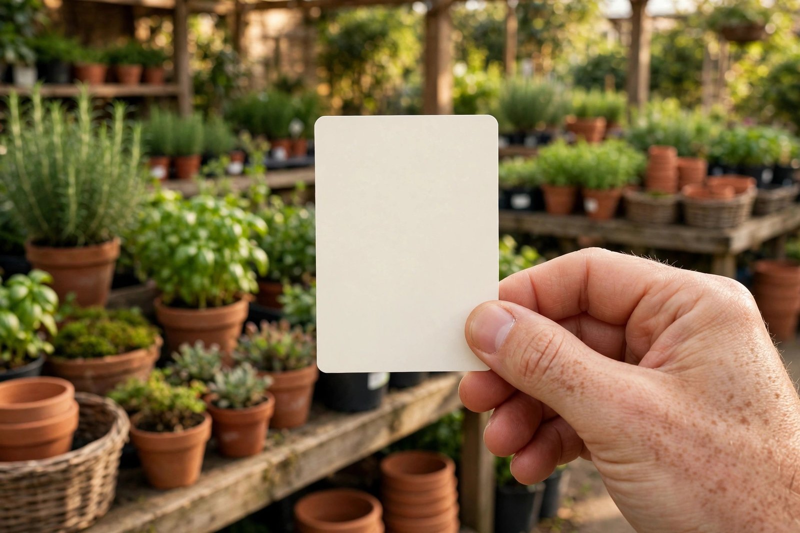 A hand holding a plastic plant label showing sun, water and hardiness symbols in a garden centre