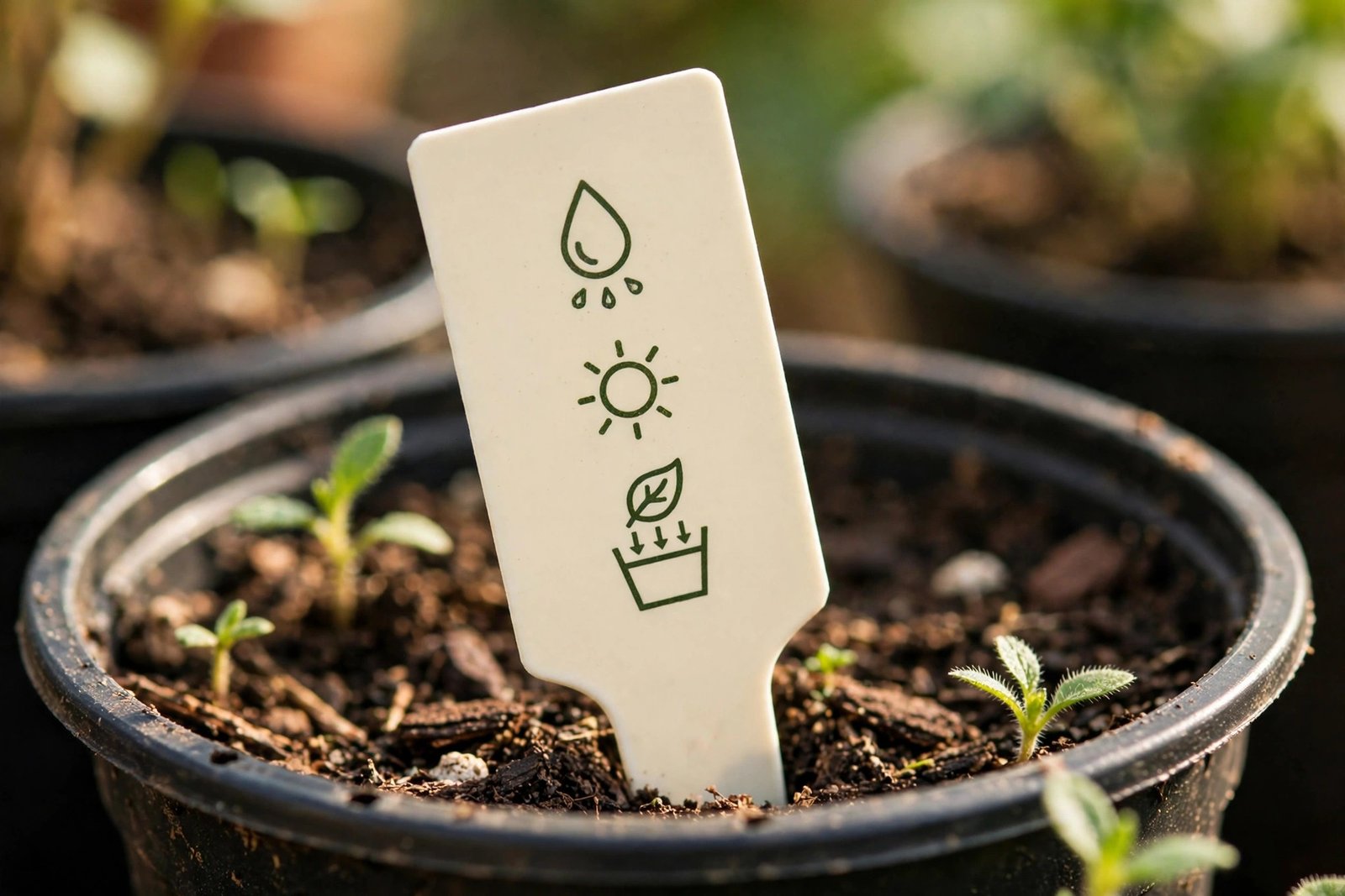 Close-up of a plant tag with sun exposure and watering symbols next to a potted herb