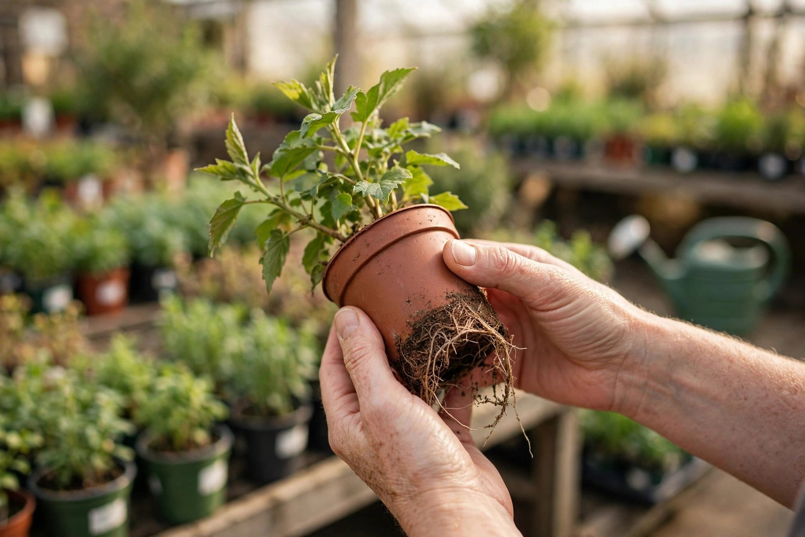 Hands turning a potted nursery plant to inspect its leaves and roots at a garden center.