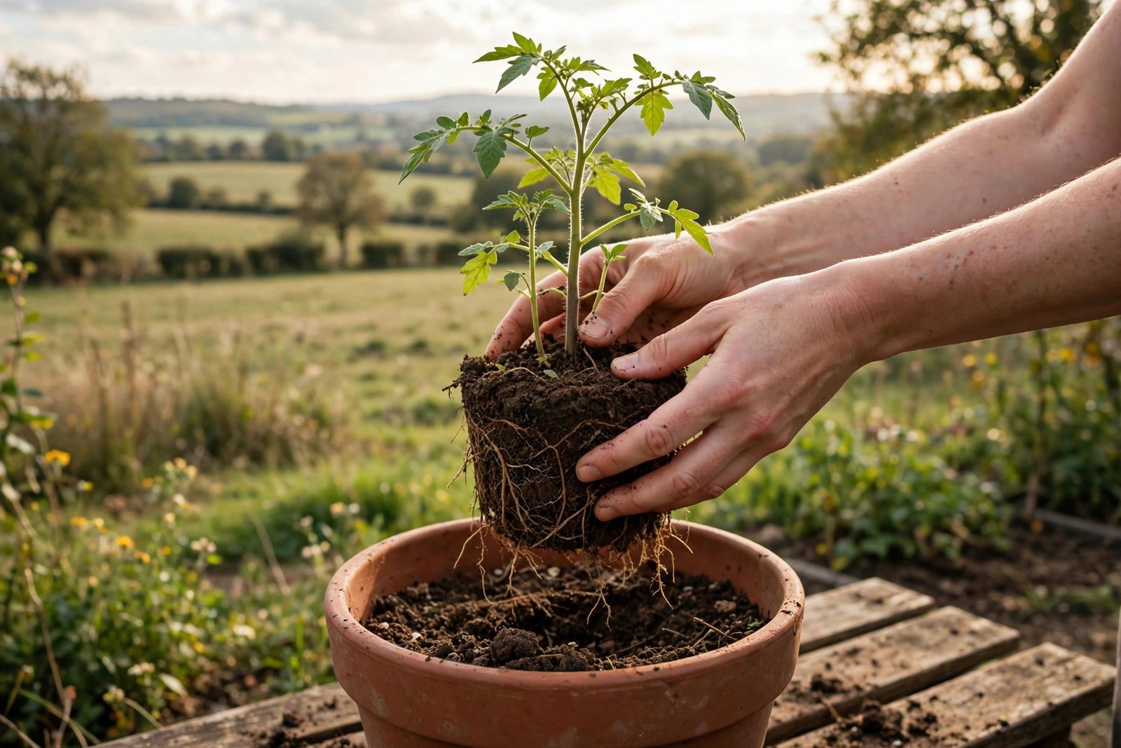 Hands repotting a green houseplant into a larger terracotta pot on a potting bench