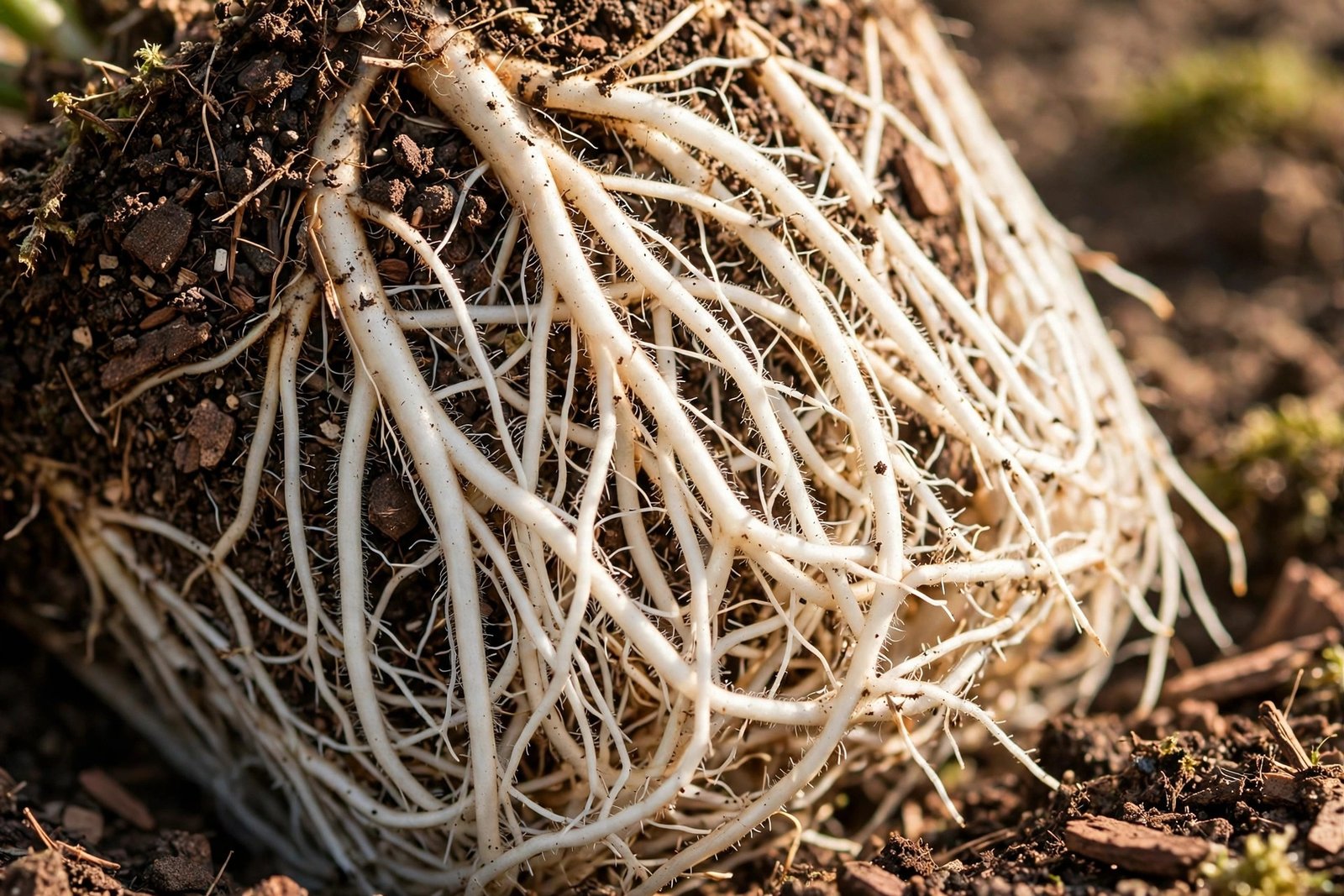 Root-bound plant lifted from its pot showing dense circling roots ready for repotting