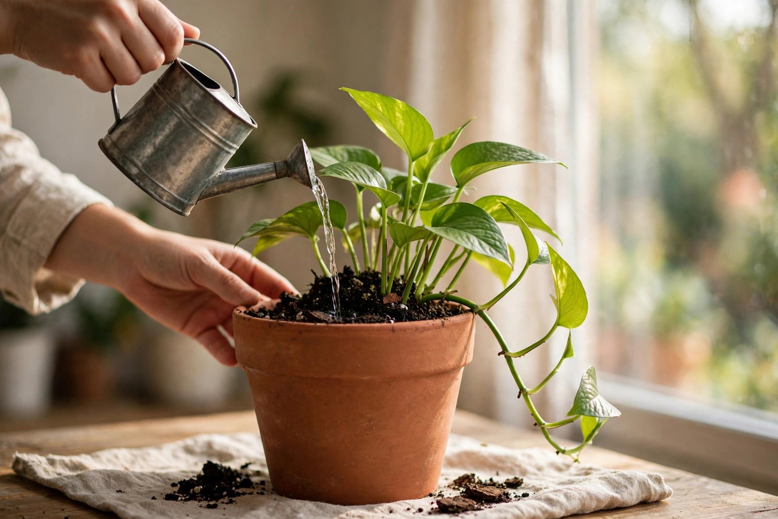 A freshly repotted houseplant being watered in a bright spot by a window.