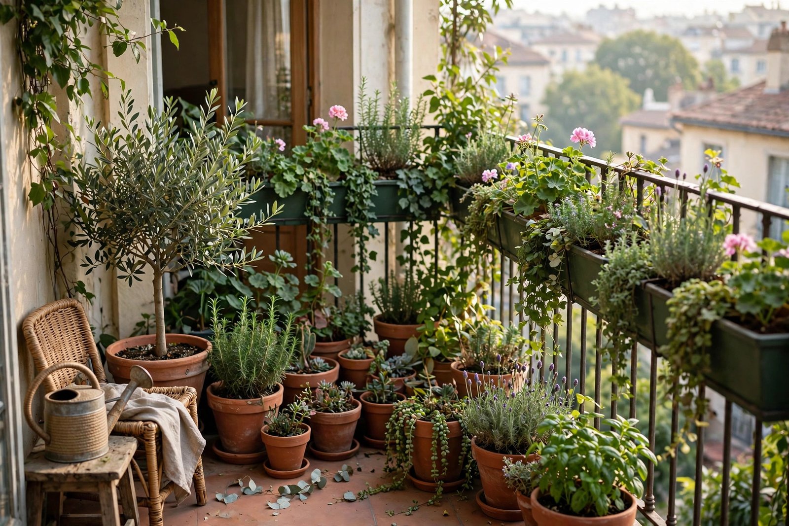 A small apartment balcony filled with potted herbs and salad greens in terracotta containers