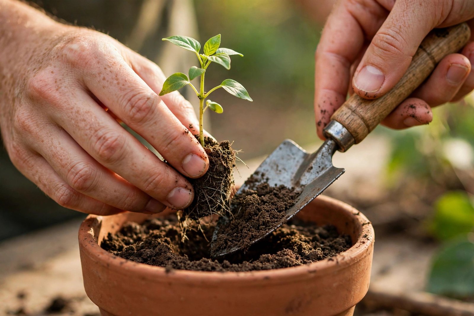 Close-up of a hand planting a basil seedling into a terracotta pot with fresh potting soil