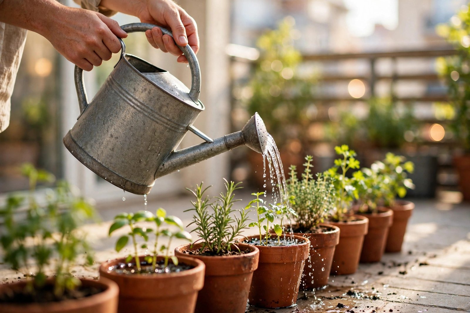 A metal watering can pouring water over young potted herbs on a sunny balcony.