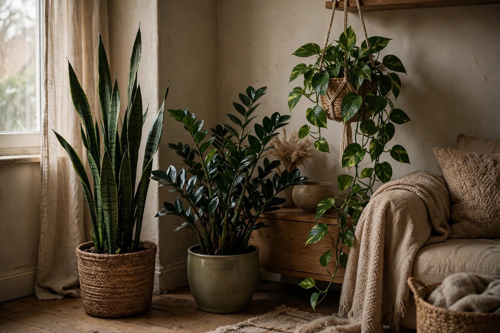 Collection of low-light houseplants including snake plant and pothos in a dim living room corner