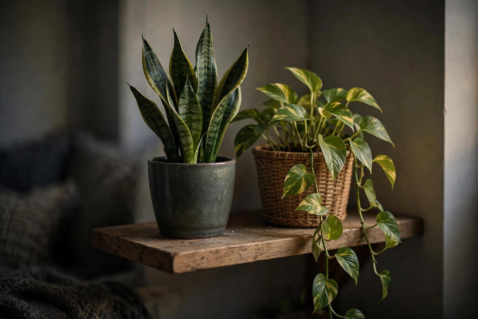 A snake plant and trailing pothos on a shelf in a dim living-room corner.
