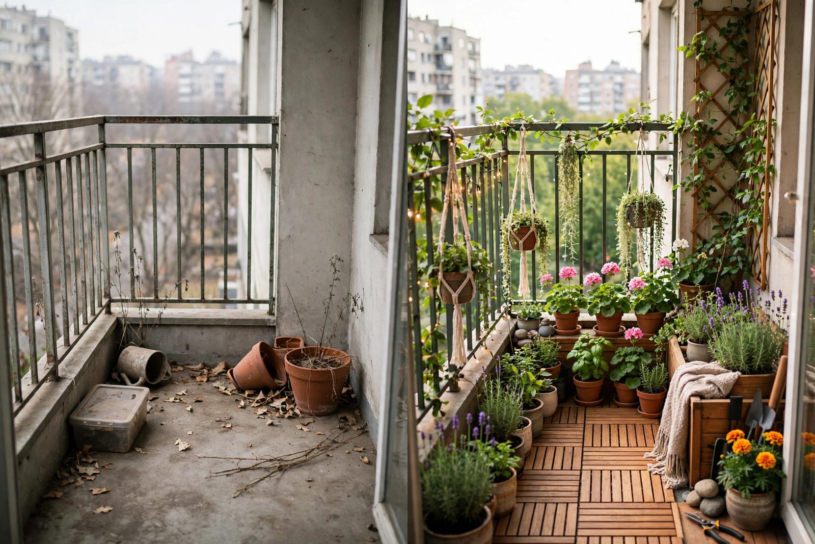 A small sunny apartment balcony filled with potted herbs, tomatoes and flowers in mismatched containers